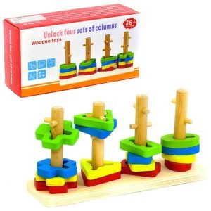 Educational Intellective Wooden Column Geometric Shape of Rainbow Color Tower Toy