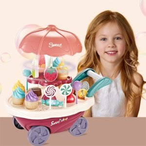 30 Pcs Plastic Ice Cream Candy Play Cart Kitchen Set Toy With Lights And Music For Kids