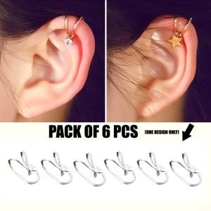 Pack Of 6 Diamond Star Pearl Ear Clips - U Shaped, Single Hammered Earrings