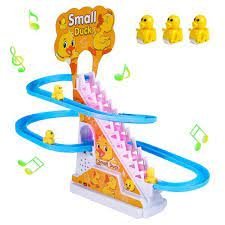 Small Ducks Climbing Toys, Electric Ducks Chasing Race Track Game Set, Playful Roller Coaster Toy with 3 Duck LED Flashing Lights & Music Button, Fun Duck Stair Climbing Toy for Toddlers and
