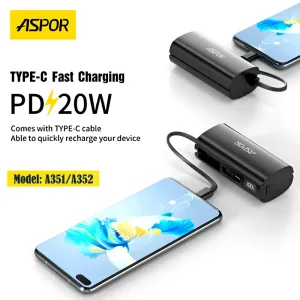 Aspor A351/A352 5000mAh Mini Pocket Power Bank PD 20W Fast Charging With Digital Display, Mobile Holder, IPhone & Type C Support
